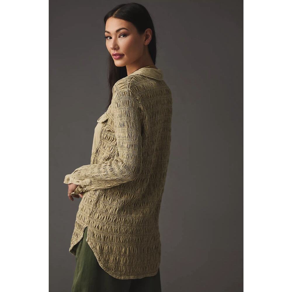 Anthropologie Pilcro Smocked Shacket Button Up Chest Pocket Olive Green Size S - Picture 3 of 16